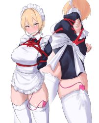 Rule 34 | 1girl, apron, ass, bdsm, black sleeves, blonde hair, bondage, bound, breasts, brown eyes, collared shirt, commentary request, curled fingers, frilled apron, frills, from behind, gagged, highres, large breasts, legs apart, leotard, long sleeves, looking away, maid, maid apron, original, restrained, rope, sex toy, shibari, shirt, short hair, simple background, slit pupils, solo, tears, thighhighs, thighs, vibrator, vibrator in thighhighs, white apron, white background, white thighhighs, yagi 764364