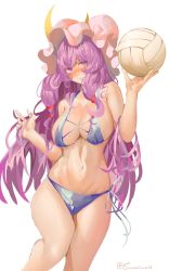 Rule 34 | 1girl, alternate costume, bikini, blush, breasts, cleavage, crescent, crescent hat ornament, eyebrows hidden by hair, feet out of frame, hands up, hat, hat ornament, highres, knees together feet apart, large breasts, long hair, looking at viewer, navel, patchouli knowledge, purple eyes, purple hair, side-tie bikini bottom, solo, swimsuit, tomatolover16, touhou, very long hair
