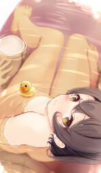 Rule 34 | 1boy, 1girl, bath, blush, breasts, brown hair, completely nude, hetero, highres, komone ushio, looking at viewer, looking back, medium breasts, mixed-sex bathing, nude, original, partially submerged, pov, rubber duck, shared bathing, sitting, sitting on person, smile
