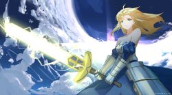Rule 34 | 1girl, absurdres, ahoge, armor, armored dress, artoria pendragon (all), artoria pendragon (fate), bare shoulders, blonde hair, blue dress, breastplate, closed mouth, cloud, commentary, day, detached sleeves, dress, english commentary, excalibur (fate/stay night), fate/grand order, fate (series), faulds, frown, gauntlets, glowing, glowing sword, glowing weapon, green eyes, hair down, highres, holding, holding sword, holding weapon, juliet sleeves, li kha, long dress, long hair, long sleeves, looking at viewer, puffy sleeves, saber (fate), solo, strapless, strapless dress, sword, weapon, wind