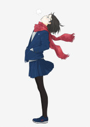 Rule 34 | 1girl, arakawa (aintnoroom), black hair, black pantyhose, blazer, from side, grey background, hands in pockets, jacket, looking up, original, pantyhose, pleated skirt, red scarf, scarf, shoes, short hair, simple background, skirt, sneakers, solo, uniform