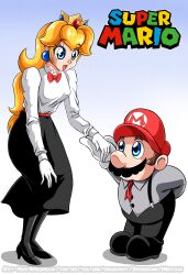 Rule 34 | 1boy, 1girl, black dress, blonde hair, blue eyes, breasts, brown hair, crown, dress, earrings, facial hair, gloves, grin, hat, height difference, high heels, highres, holding hands, jewelry, long hair, looking at another, mario, mario (series), medium breasts, mustache, nintendo, pantyhose, princess peach, smile, standing, super mario bros. 1