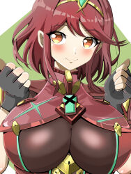 Rule 34 | 1girl, armor, black gloves, blush, bob cut, breasts, chest jewel, fingerless gloves, gloves, highres, impossible clothes, large breasts, neon trim, pyra (xenoblade), red eyes, red hair, short hair, shoulder armor, skindentation, solo, swept bangs, taka p (zelda27th), tiara, upper body, xenoblade chronicles (series), xenoblade chronicles 2