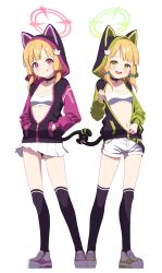 Rule 34 | 2girls, :q, absurdres, animal ears, animal hood, black choker, black jacket, blonde hair, blue archive, blush, bow, breasts, cat hood, cat tail, choker, closed mouth, fake animal ears, full body, green eyes, green halo, hair bow, halo, hands in pockets, highres, hood, hood up, hooded jacket, jacket, long sleeves, looking at viewer, medium hair, midori (blue archive), miniskirt, momoi (blue archive), multicolored clothes, multicolored jacket, multiple girls, navel, open mouth, over-kneehighs, partially unzipped, pink eyes, pink halo, pleated skirt, revision, shoes, short shorts, shorts, siblings, simple background, sisters, sizque, skirt, small breasts, smile, standing, tail, thighhighs, tongue, tongue out, twins, two-tone jacket, unzipping, white background, white footwear, white shorts, white skirt, zipper pull tab