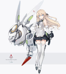 Rule 34 | 1girl, armor, bare shoulders, black skirt, blonde hair, blue eyes, boots, breasts, drone, elbow gloves, expressionless, faulds, floating hair, full body, gloves, hair between eyes, hair ornament, highres, large breasts, long hair, looking at viewer, machinery, miniskirt, original, pleated skirt, poco (asahi age), robot, shirt, sidelocks, skirt, sleeveless, sleeveless shirt, solo, thigh boots, thighhighs, white gloves, white shirt, zettai ryouiki
