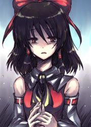 Rule 34 | 1girl, :o, ascot, black hair, brown eyes, collar, detached sleeves, expressionless, female focus, hakurei reimu, long sleeves, looking at viewer, onimaru gonpei, own hands together, parted lips, ribbon-trimmed sleeves, ribbon trim, shaded face, solo, tears, touhou