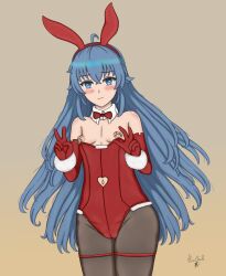 Rule 34 | 1girl, absurdres, animal ears, black pantyhose, blue eyes, blue hair, grabbing another&#039;s breast, breasts, cameltoe, cleft of venus, clothing cutout, double v, facing viewer, fake animal ears, grabbing, highres, leotard, long hair, looking at viewer, mushoku tensei, nipple piercing, pantyhose, piercing, rabbit ears, red leotard, roxy migurdia, santa costume, small breasts, stomach cutout, thechad, v, wardrobe malfunction