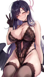 Rule 34 | 1girl, ^ ^, black choker, black gloves, black hair, black wings, blue archive, breasts, brown thighhighs, choker, closed eyes, closed mouth, collarbone, commentary, gloves, hair ornament, hair over shoulder, hairclip, halo, highres, ichika (blue archive), large breasts, long hair, low wings, navel, parted bangs, red halo, simple background, smile, solo, stone (ksorede), thighhighs, thighs, w, white background, wings