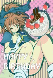 Rule 34 | 1girl, :d, absurdres, akakokko, arle nadja, bow, brown hair, cake, cameo, carbuncle (puyopuyo), character name, chocolate, finger in own mouth, food, fruit, hair bow, half updo, highres, madou monogatari, one eye closed, open mouth, pink background, puyopuyo, shirt, short hair, shorts, smile, solo, strawberry, wink, yellow eyes