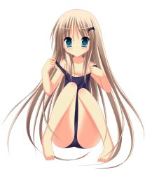 Rule 34 | 1girl, barefoot, blonde hair, blue eyes, clothes pull, female focus, flat chest, full body, kud wafter, little busters!, long hair, mizutsuki, noumi kudryavka, one-piece swimsuit, one-piece swimsuit pull, school swimsuit, simple background, solo, strap pull, swimsuit, white background