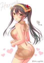 Rule 34 | 10s, 1girl, 2017, alternate hairstyle, aran sweater, ass, backless dress, backless outfit, bare back, bare shoulders, black hair, blush, breasts, brown eyes, brown sweater, butt crack, cable knit, character name, cowboy shot, dated, dress, from side, hair between eyes, hair ornament, hair scrunchie, hairclip, halterneck, haruna (kancolle), headgear, heart, heart background, kantai collection, large breasts, long hair, looking at viewer, looking back, mamekosora, meme attire, naked sweater, parted lips, ponytail, ribbed sweater, scrunchie, sideboob, simple background, solo, sweater, sweater dress, turtleneck, turtleneck sweater, twitter username, virgin killer sweater, white background