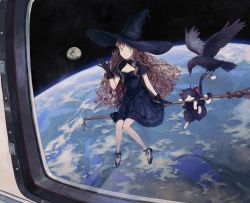 Rule 34 | 1girl, bad id, bad twitter id, bird, black bird, black dress, black footwear, black gloves, black hat, broom, broom riding, brown hair, cat, cleavage cutout, clothing cutout, dress, earth (planet), gloves, green eyes, hat, highres, kotobuki nashiko, long hair, looking at viewer, moon, original, planet, shoes, short sleeves, smile, solo, space, very long hair, window, witch, witch hat