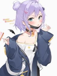 Rule 34 | 1girl, blue eyes, blue jacket, blush, breasts, cake, cleavage, commentary, dated, double bun, english commentary, food, hair bun, happy birthday, highres, indie virtual youtuber, jacket, mask, mint (psmin30), off-shoulder shirt, off shoulder, purple hair, second-party source, shirt, shizukou, small breasts, smile, solo, tongue, tongue out, virtual youtuber, white background, white shirt