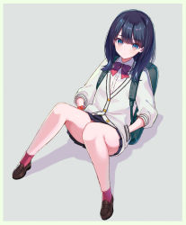 Rule 34 | 10s, 1girl, backpack, bag, black hair, black skirt, border, bow, brown eyes, brown footwear, cardigan, closed mouth, collared shirt, commentary request, green border, grey background, gridman universe, hair between eyes, hands in pockets, highres, loafers, long sleeves, looking at viewer, miniskirt, orange scrunchie, pleated skirt, puffy long sleeves, puffy sleeves, red bow, red socks, scrunchie, shadow, shirt, shoes, skirt, socks, solo, ssss.gridman, takarada rikka, white cardigan, white shirt, wrist scrunchie, yuuki rika
