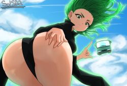 Rule 34 | 1girl, absurdres, artist name, ass, ass focus, ass grab, aura, bent over, black dress, blue sky, breasts, closed mouth, cloud, collared dress, commentary, curly hair, day, dress, english commentary, floating hair, from behind, grabbing own ass, green eyes, green hair, grey hair, hammerofsolace, hand on own ass, highres, huge ass, index finger raised, long sleeves, looking at viewer, looking back, medium breasts, motor vehicle, one-punch man, outdoors, psychic, shiny skin, sky, smile, solo, tatsumaki, telekinesis, truck, v-shaped eyebrows, wide hips