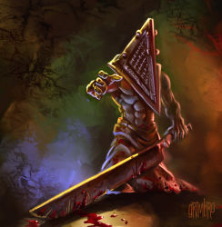 Rule 34 | 1boy, abs, blood, great knife, grimbro, konami, monster, muscular, muscular male, pyramid head, silent hill (series), silent hill 2, sword, toned, warrior, weapon