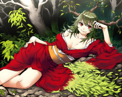 Rule 34 | 1girl, branch, breasts, breasts apart, female focus, green hair, hand on own hip, horns, japanese clothes, kahadu (kawazu), kimono, large breasts, leaf, long hair, looking at viewer, lying, mountain god, nature, no bra, off shoulder, on side, outdoors, red eyes, red kimono, red theme, sengoku youko, smile, solo, tree