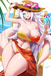 Rule 34 | 1girl, adjusting clothes, adjusting headwear, amano cigusa, android 21, bikini, black nails, blue eyes, breasts, colored skin, cup, dragon ball, dragon ball fighterz, drink, drinking glass, earrings, eyewear on head, flower, hat, hat flower, huge breasts, jewelry, large breasts, long hair, majin android 21, nail polish, orange bikini, pink skin, smile, solo, sunglasses, swimsuit, thick thighs, thighs, two-tone bikini, white hair, wide hips, yellow bikini