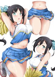 Rule 34 | 1girl, :o, absurdres, aqua eyes, armpits, arms up, black hair, blue shirt, blue skirt, bouncing breasts, breasts, cheerleader, closed mouth, clothes lift, commentary request, crop top, hair between eyes, hair ribbon, highres, holding, holding pom poms, kanosawa, large breasts, long hair, looking at viewer, multiple views, navel, open mouth, panties, pom pom (cheerleading), pom poms, ribbon, shirt, shoes, sidelocks, simple background, skirt, skirt lift, smile, sneakers, socks, standing, thighs, tougou mimori, underwear, white background, white footwear, white panties, white socks, yuuki yuuna wa yuusha de aru, yuusha de aru
