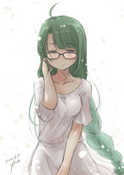 Rule 34 | 1girl, ahoge, alternate costume, bespectacled, blue eyes, braid, breasts, cleavage, collarbone, cowboy shot, dated, dress, fyuo, glasses, green eyes, green hair, highres, kantai collection, long hair, looking at viewer, medium breasts, mole, mole under mouth, signature, simple background, single braid, solo, very long hair, white background, white dress, yuugumo (kancolle)