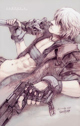 Rule 34 | 1boy, aqua eyes, bad deviantart id, bad id, capcom, dante (devil may cry), dated, devil may cry, devil may cry (series), devil may cry 3, fingerless gloves, gloves, gun, lying, male focus, navel, on back, open clothes, open shirt, rebellion (sword), shirt, signature, skull, solo, sword, virus-ac74, watermark, weapon, white hair