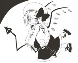 Rule 34 | 1girl, bobby socks, embellished costume, flandre scarlet, flying, greyscale, grin, hat, jacket, jagabutter, laevatein, looking at viewer, mary janes, monochrome, monochrome, shoes, short hair with long locks, side ponytail, skirt, slit pupils, smile, socks, solo, sweater jacket, touhou, v arms, vest, wings