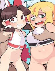 Rule 34 | 2boys, 2girls, alternate costume, armpits, arms up, bags under eyes, bar censor, benikurage (cookie), blonde hair, blue background, bottomless, bow, breasts, brown hair, censored, cheerleader, commentary request, cookie (touhou), covered erect nipples, cowboy shot, crop top, facial mark, flat chest, frilled bow, frilled hair tubes, frills, grabbing, grabbing another&#039;s breast, green eyes, hair between eyes, hair bow, hair tubes, hakurei reimu, hetero, hospital king, kirisame marisa, large breasts, long hair, mars (cookie), medium bangs, medium hair, multiple boys, multiple girls, navel, open mouth, parted bangs, penis, plump, pom pom (cheerleading), ponytail, pussy, red bow, red eyes, ringed eyes, round teeth, sex, sex from behind, simple background, small breasts, smile, teeth, textless version, touhou, vaginal, wavy mouth, whisker markings, white bow