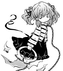 Rule 34 | 1girl, closed mouth, commentary request, cuffs, full body, ghost tail, hair ornament, hair tubes, highres, long sleeves, looking at viewer, miyadeguchi mizuchi, monochrome, pote (ptkan), prison clothes, shirt, short hair, simple background, skirt, skull hair ornament, solo, striped clothes, striped shirt, touhou, two side up, white background