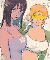 Rule 34 | 2girls, black hair, breasts, cleavage, dark-skinned female, dark skin, faux traditional media, floral print, highres, long hair, looking at viewer, medium breasts, multiple girls, nami (one piece), nico robin, one piece, open clothes, open shirt, orange hair, short hair, smile, sunglasses, upper body, yaoizhen