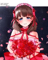 Rule 34 | 1girl, absurdres, arm garter, blue eyes, blush, bouquet, bow, brown hair, character name, cross, cross earrings, dated, earrings, flower, frilled hairband, frills, hairband, happy birthday, highres, holding, holding bouquet, idolmaster, idolmaster cinderella girls, idolmaster cinderella girls starlight stage, jewelry, looking at viewer, medium hair, necklace, petals, red bow, red flower, red ribbon, red rose, ribbon, rose, sakuma mayu, sekia998, smile, solo, upper body