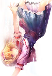 Rule 34 | 1girl, alice margatroid, blonde hair, capelet, expressionless, falling, female focus, hairband, highres, kasutaso, open mouth, outstretched arms, outstretched hand, petticoat, purple eyes, reaching, short hair, solo, touhou, upside-down