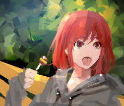 Rule 34 | 1girl, bench, candy, female focus, food, hood, hoodie, kushieda minori, lollipop, mujiha, nature, no nose, open mouth, plant, red hair, short hair, sleeves past wrists, solo, tongue, tongue out, toradora!, upper body