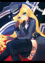 Rule 34 | 1girl, :o, bad id, bad pixiv id, black gloves, black thighhighs, blonde hair, blue eyes, blush, boots, character name, cross, daiteikoku, gloves, hat, letterboxed, long hair, military, military uniform, retia adolf, solo, sparkle, thigh boots, thighhighs, uniform, yodori