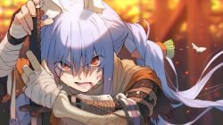 Rule 34 | animal ear fluff, animal ears, arm wrap, blue hair, blurry, blurry background, braid, carrot hair ornament, commentary request, cosplay, food-themed hair ornament, hair ornament, highres, hololive, joker (tomakin524), katana, long hair, looking at viewer, open mouth, planted, planted sword, planted weapon, prosthesis, prosthetic arm, rabbit ears, red eyes, scratches, sekiro, sekiro: shadows die twice, sekiro (cosplay), sweat, sword, twin braids, usada pekora, virtual youtuber, weapon