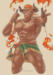 Rule 34 | 1boy, abs, anntee, bara, bare pectorals, blush, cropped legs, dark-skinned male, dark skin, draph, facial hair, fire, foreskin, goatee, granblue fantasy, highres, lantana (granblue fantasy), large pectorals, male focus, male pubic hair, mature male, muscular, muscular male, navel, necklace, nipples, nude, pectorals, penis, pointy ears, precum, pubic hair, short hair, smile, solo, stomach, thick thighs, thighs, tooth necklace, tribal, uncensored