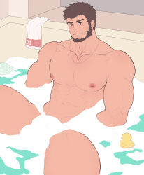 Rule 34 | 1boy, abs, absurdres, avenger (dungeon and fighter), bara, bathtub, beard, brown hair, character request, check character, collarbone, convenient censoring, dark-skinned male, dark skin, dungeon and fighter, facial hair, feet out of frame, flat color, highres, jewelry, kulolin, large pectorals, looking at viewer, male focus, male priest (dungeon and fighter), mature male, muscular, muscular male, navel, necklace, nipples, pectorals, priest (dungeon and fighter), red eyes, rubber duck, seductive smile, short hair, smile, smirk, soap bubbles, soap censor, solo, spread legs, stomach, thick thighs, thighs, towel