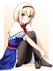 Rule 34 | 1girl, :/, alice margatroid, blonde hair, blue eyes, blush, capelet, dress, feet, female focus, frown, hairband, hugging own legs, kaiza (rider000), legs, looking at viewer, no shoes, own hands clasped, own hands together, pantyhose, sash, short hair, sitting, solo, touhou, tsurime, v arms