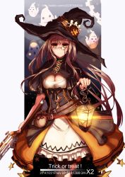 Rule 34 | 10s, 1girl, 2014, alternate costume, amagi brilliant park, artist name, belt, belt pouch, breasts, brown eyes, brown hair, capelet, cleavage, dated, dress, english text, ghost, gun, halloween, hat, jack-o&#039;-lantern, lamp, lantern, large breasts, long hair, looking at viewer, monocle, musket, pouch, pumpkin, rifle, sento isuzu, skirt, solo, standing, star (symbol), trick or treat, very long hair, watermark, weapon, web address, witch, witch hat, x2, yellow eyes