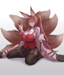 Rule 34 | 1girl, animal ear fluff, animal ears, black pantyhose, blush, breasts, brown hair, closed mouth, commentary, commission, fox ears, fox shadow puppet, fox tail, full body, gradient background, green eyes, grey background, hair between eyes, highres, huge breasts, jacket, kneeling, long hair, long sleeves, looking at viewer, multiple tails, original, pantyhose, pink jacket, plaid, plaid skirt, plushmallow, satou aji, simple background, skeb commission, skirt, smile, solo, tail, twintails