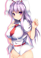 Rule 34 | 1girl, :o, animal ears, blush, bottomless, breasts, rabbit ears, carrot pin, drop shadow, large breasts, long hair, necktie, out-of-frame censoring, purple eyes, purple hair, reisen udongein inaba, ryokushiki (midori-ya), shirt, simple background, solo, touhou, very long hair, white background, white shirt