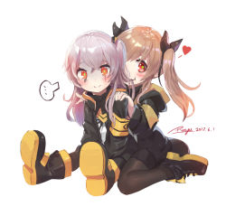 Rule 34 | ..., 2girls, aged down, ankle boots, armband, artist name, boots, brown eyes, brown hair, commentary request, dated, eating hair, girls&#039; frontline, hair ornament, hair ribbon, heart, hood, hooded jacket, jacket, long hair, looking at viewer, multiple girls, one side up, ranyu, red eyes, ribbon, scar, scar across eye, scar on face, shoes, simple background, sitting, skirt, smile, spoken heart, swept bangs, twintails, ump45 (girls&#039; frontline), ump9 (girls&#039; frontline), wariza, white background