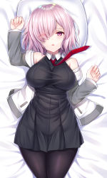 Rule 34 | 1girl, arm up, bare shoulders, bed, black dress, black pantyhose, breasts, collared dress, commentary request, cowboy shot, dress, eyes visible through hair, fate/grand order, fate (series), fine fabric emphasis, from above, grey jacket, hair over one eye, half-closed eyes, hand up, highres, jacket, large breasts, long sleeves, looking at viewer, lying, mash kyrielight, nano (syoutamho), necktie, off shoulder, on back, on bed, open clothes, open jacket, pantyhose, parted lips, pillow, pink eyes, pink hair, red necktie, short hair, sleeveless, sleeveless dress, solo, taut clothes, taut dress