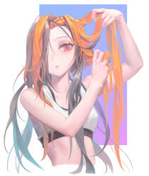 Rule 34 | 1girl, arm up, black hair, blue background, border, braid, breasts, commentary, cropped torso, eyeshadow, gradient background, gradient hair, green hair, hair over one eye, hand up, highres, holding, holding hair, long hair, looking to the side, makeup, multicolored hair, one eye covered, orange hair, original, parted bangs, parted lips, pink background, red eyes, sleeveless, small breasts, solo, tank top, upper body, white border, white tank top, yellow eyeshadow, yuho kim