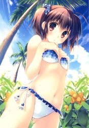 Rule 34 | 1girl, absurdres, ahoge, bikini, breast suppress, brown hair, copyright request, cowboy shot, day, flat chest, food, frilled bikini, frills, fruit, gluteal fold, hair ornament, hair scrunchie, highres, mitsumi misato, navel, official art, outdoors, palm tree, scan, scrunchie, side-tie bikini bottom, solo, sweat, swimsuit, to heart (series), to heart 2, tree, twintails