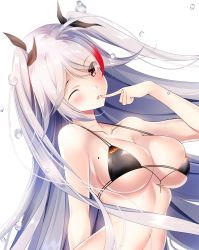 Rule 34 | 1girl, alternate costume, antenna hair, arm behind back, azur lane, bare shoulders, bikini, black bikini, blush, breasts, choker, cleavage, collarbone, cross, eyes visible through hair, finger to mouth, flag print, german flag bikini, hair between eyes, head tilt, highres, iron cross, large breasts, long hair, looking at viewer, mole, mole on breast, multicolored hair, open mouth, prinz eugen (azur lane), prinz eugen (unfading smile) (azur lane), red hair, shiny skin, sidelocks, silver hair, simple background, smile, solo, stomach, streaked hair, swept bangs, swimsuit, two side up, very long hair, wagasi (wagasi157), water drop, white background