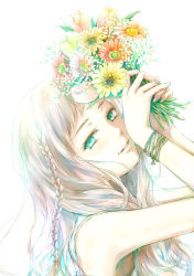 Rule 34 | 1girl, bare shoulders, bouquet, braid, brown hair, commentary request, flower, from side, green eyes, hands up, holding, long hair, looking at viewer, nuwanko, original, parted lips, smile, solo, upper body