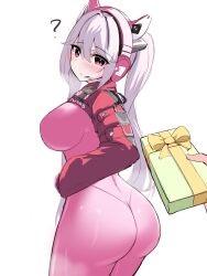 Rule 34 | 1girl, 1other, ?, alice (nikke), animal ear headphones, animal ears, ass, blush, bodysuit, box, breasts, covered navel, cropped jacket, fake animal ears, from behind, gift, gift box, gloves, goddess of victory: nikke, grey hair, hair between eyes, headphones, headset, highres, impossible bodysuit, impossible clothes, jacket, kurono suzuran, large breasts, latex, latex bodysuit, long hair, looking at viewer, looking back, pink bodysuit, pink eyes, pink gloves, red jacket, shoes, sidelocks, simple background, skin tight, sneakers, solo, twintails, two-tone gloves, white background, white day, white gloves