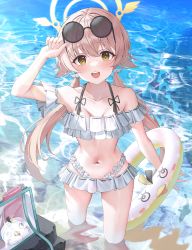 Rule 34 | 1girl, arm ribbon, bikini, blue archive, breasts, frilled bikini, frills, halo, hifumi (blue archive), hifumi (swimsuit) (blue archive), highres, innertube, light brown hair, long hair, low twintails, navel, ocean, omul, open mouth, partially submerged, peroro (blue archive), reflection, reflective water, ribbon, small breasts, solo, sunglasses, swim ring, swimsuit, twintails, white bikini, wing hair ornament, yellow eyes