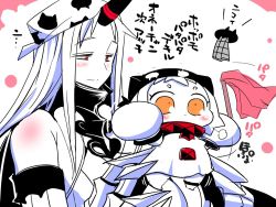 Rule 34 | 2girls, abyssal ship, arms up, blush stickers, character print, chibi, claws, collar, comic, commentary request, detached sleeves, duster, enemy aircraft (kancolle), horns, kantai collection, kerchief, lifting person, long hair, mittens, mouth hold, multiple girls, no shoes, northern ocean princess, orange eyes, red eyes, sako (bosscoffee), seaport princess, single horn, translation request, white hair