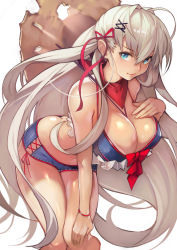 Rule 34 | 1girl, ass, bikini, bikini shorts, billy (destiny child), blue bikini, blue eyes, breasts, butt crack, cleavage, dark-skinned female, dark skin, destiny child, hair ornament, hair ribbon, hairclip, highres, large breasts, leaning forward, long hair, looking at viewer, ribbon, scarf, shorts, silver hair, simple background, smile, solo, standing, swimsuit, very long hair, white background, x hair ornament, yoshio (55level)